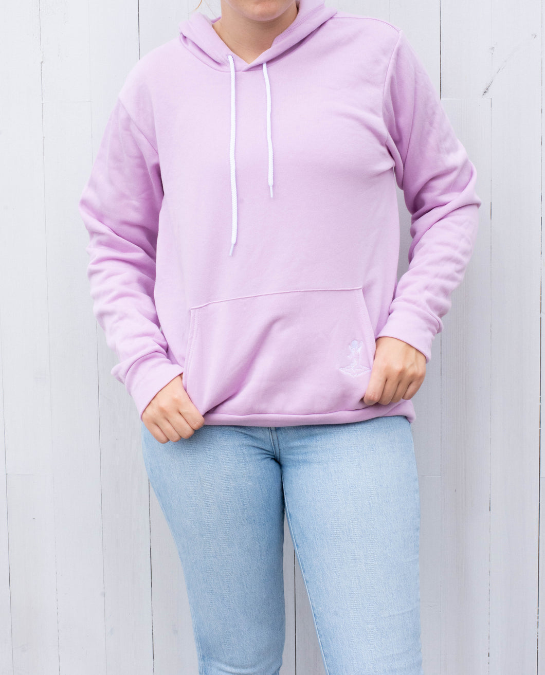 Model wearing light purple sweatshirt 