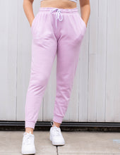 Load image into Gallery viewer, Purple sweatpants with white sneakers 
