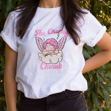 Load image into Gallery viewer, Crisp White T shirt with a cherub with pink wings and hair. The words &#39;The Cheeky Cherub&#39; are written in hot pink letters.
