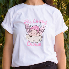 Load image into Gallery viewer, Crisp White T shirt with a cherub with pink wings and hair. The words &#39;The Cheeky Cherub&#39; are written in hot pink letters. 
