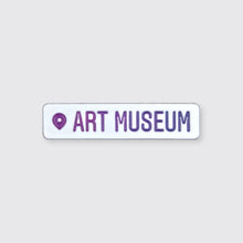 Load image into Gallery viewer, Enamel pin with the Instagram location symbol and the words &#39;art museum&#39;
